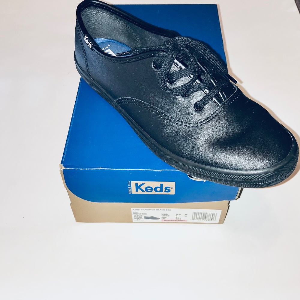 Keds Champion Black Leather Lace Up Sneakers Shoes 6.5 Excellent Condition Box